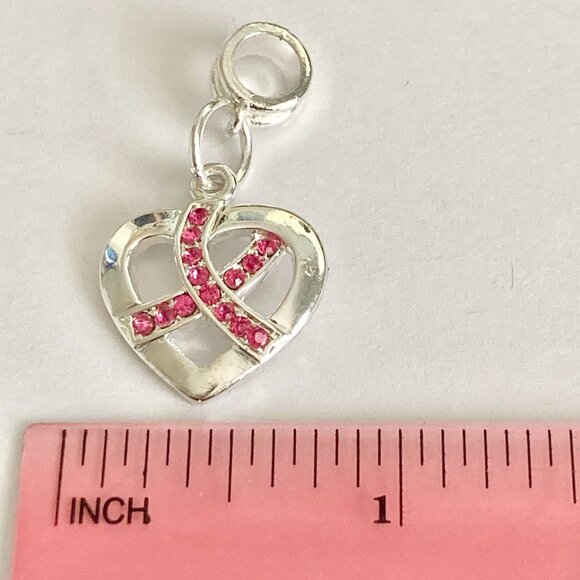 Pink Ribbon European Slider Clip On Charm For Bracelet Bag Purse Crystal Heart - Picture 10 of 11